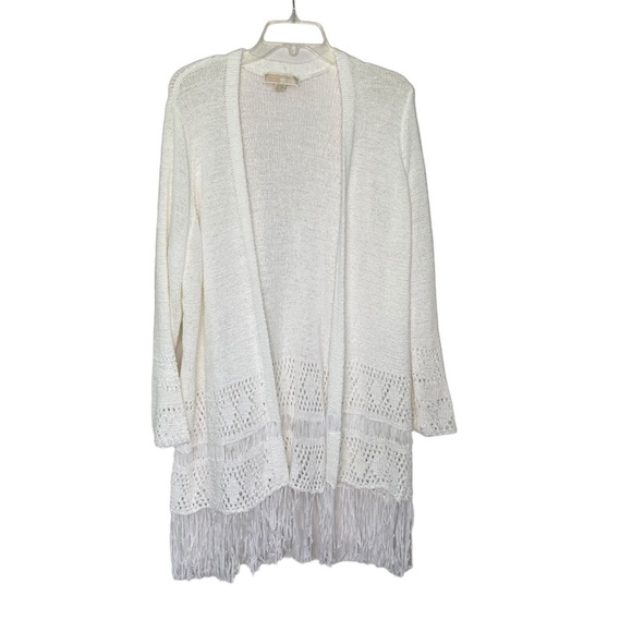 Michael Kors Bright White Crochet Fringe Open Front Cardigan (Size L) - Picture 1 of 14